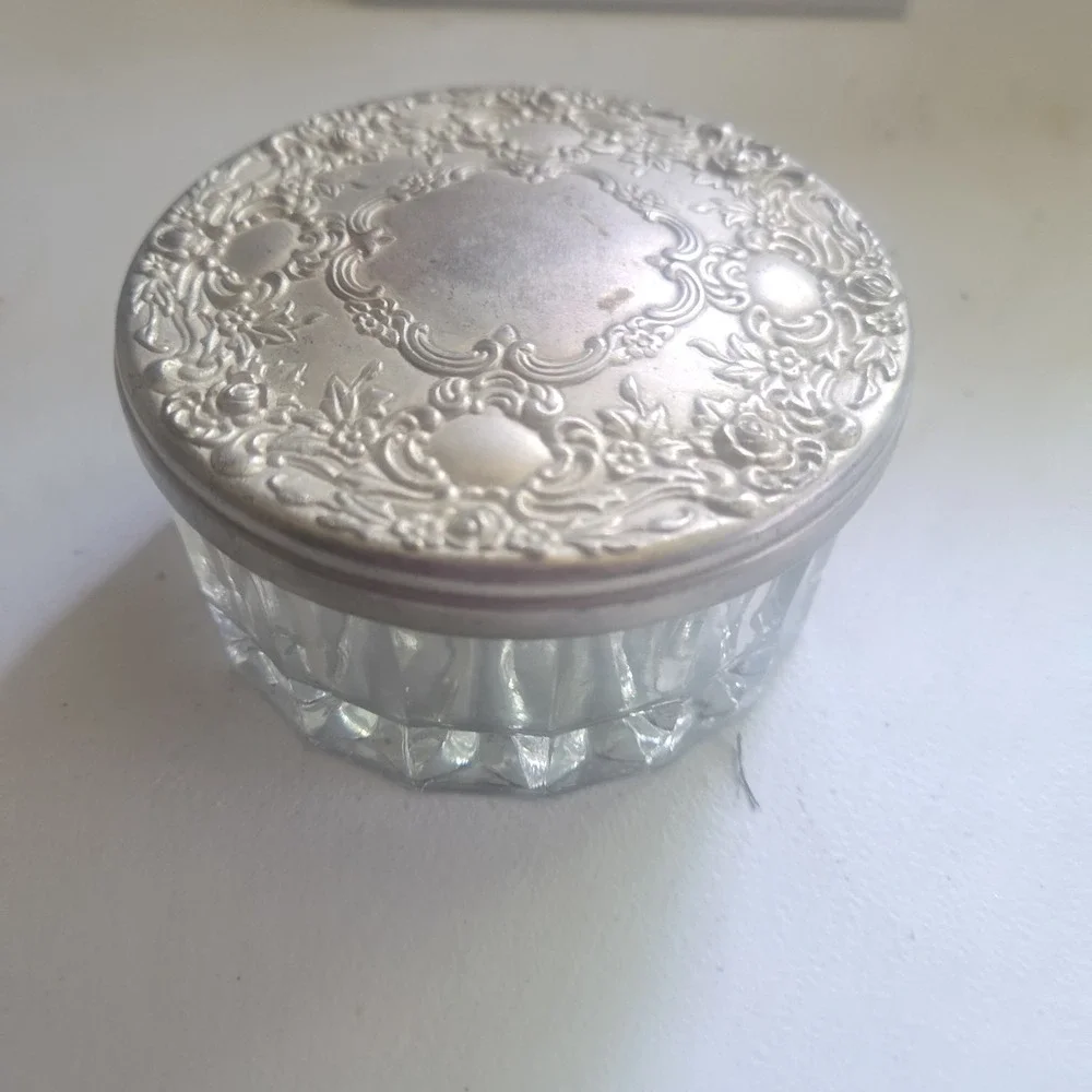 Vintage Glass Powder Jar Silver Plated Embossed Lid Vanity Trinket Box Mirror